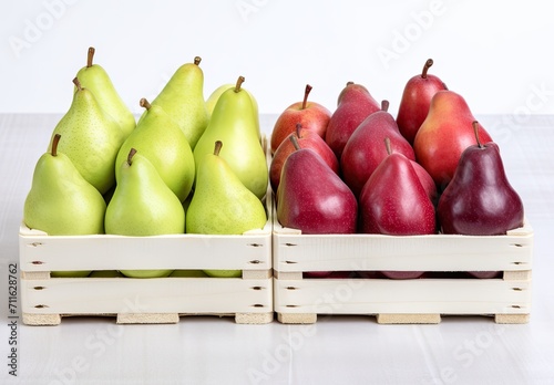 A wooden crate of pears or apples. A harvested crop. Agricultural produce. Fresh fruit. Natural background. Illustration for cover, card, interior design, poster, brochure, advertising or presentation