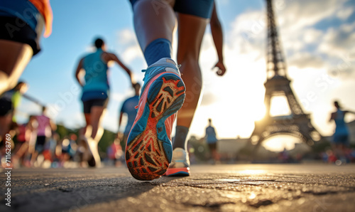 Vászonkép close up of a runners feet as they race towards the Eiffel tower in Paris