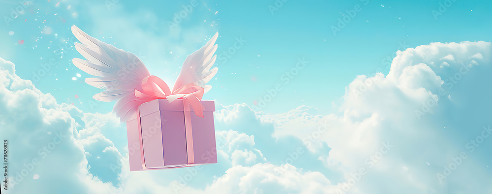 Pink gift box with  white wings flies across the sky among the clouds. In pink and white colors. Message for Valentine's Day. Banner.
 - obrazy, fototapety, plakaty 