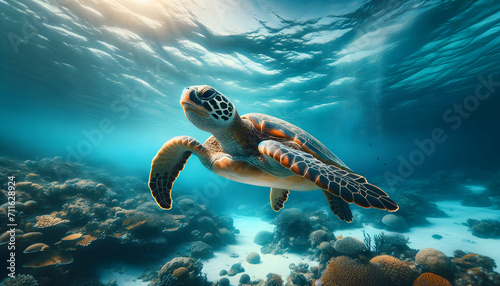 A turtle is swimming in the deep blue ocean