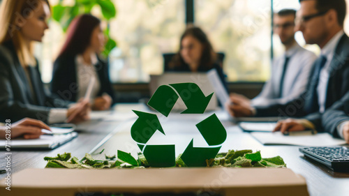 Business leaders discuss eco-strategies in an elegant office, emphasizing recycling and reuse reduction. This concept embodies an environmentally responsible approach, setting new industry standards. photo