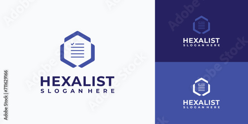 Vector logo design illustration of a check list in the shape of a hexagon with arrows on each side.