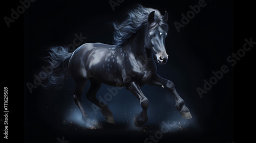 Playful Indigo Nights Frisian filly with her unique features – a gleaming midnight-blue coat that sparkles like a starry sky. This image alone offers a fantastic opportunity for a visually striking 