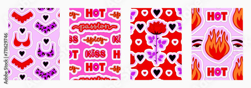 Set of vector covers with bright hot sensual patterns of love and passion. Creative glamour Valentines Day designs. Pink and red colors. Vector illustration for cards, posters, notebook, planners