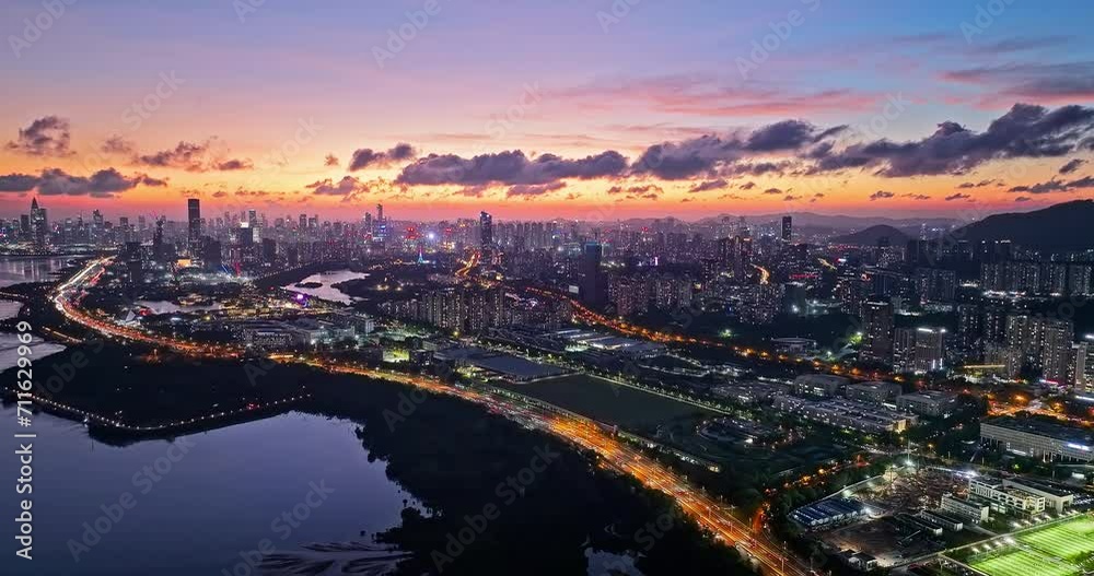 Aerial forward shot of Shenzhen Financial District skyline and natural scenery Aerial forward shot of Shenzhen Financial District skyline and natural scenery
