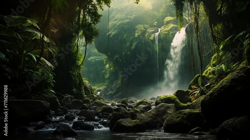  A breathtaking waterfall in a lush rainforest  providing a serene area for text overlay amidst the cascading water and verdant foliage- Generative AI