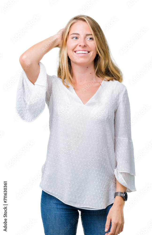 Beautiful young elegant woman over isolated background Smiling confident touching hair with hand up gesture, posing attractive