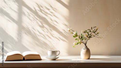 A cup of coffee and a book on a table by window and wall with sunlight and shadows.