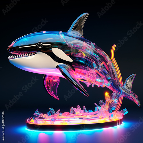 Toy arte de baleia orca, saindo do agua, simulação da agua feia em tons neons. 3D concept design illustration. photo