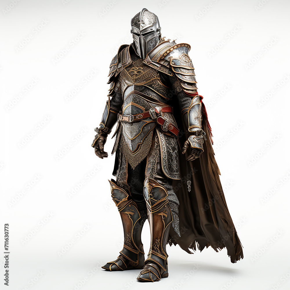 A knight dressed in steel armor isolated on white background.Front view.Copy and text space