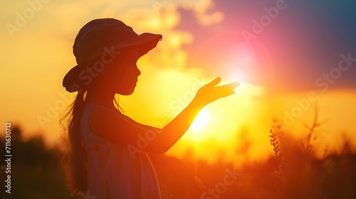 Silhouette of dreaming little girl in hat pulls hand to warm sun. Religion helping hand. Preteen child enjoy beautiful summer nature during amazing sunset or sunrise. Prayer in religion concept
