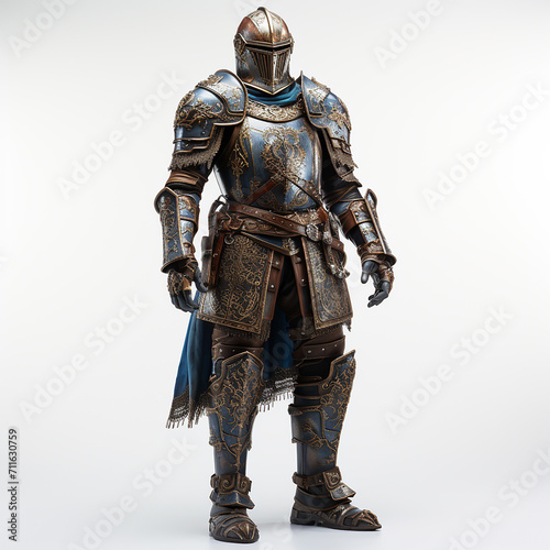 A knight dressed in steel armor isolated on white background.Front view.Copy and text space