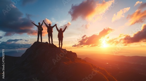 Together overcoming obstacles as a group of three people raising hands up on the top of a mountain. Celebrate victory and success over sunset background. Goal achievement symbol photo