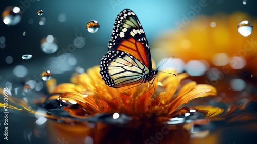 A butterfly siting on a flower inside a drop of water - Generative AI