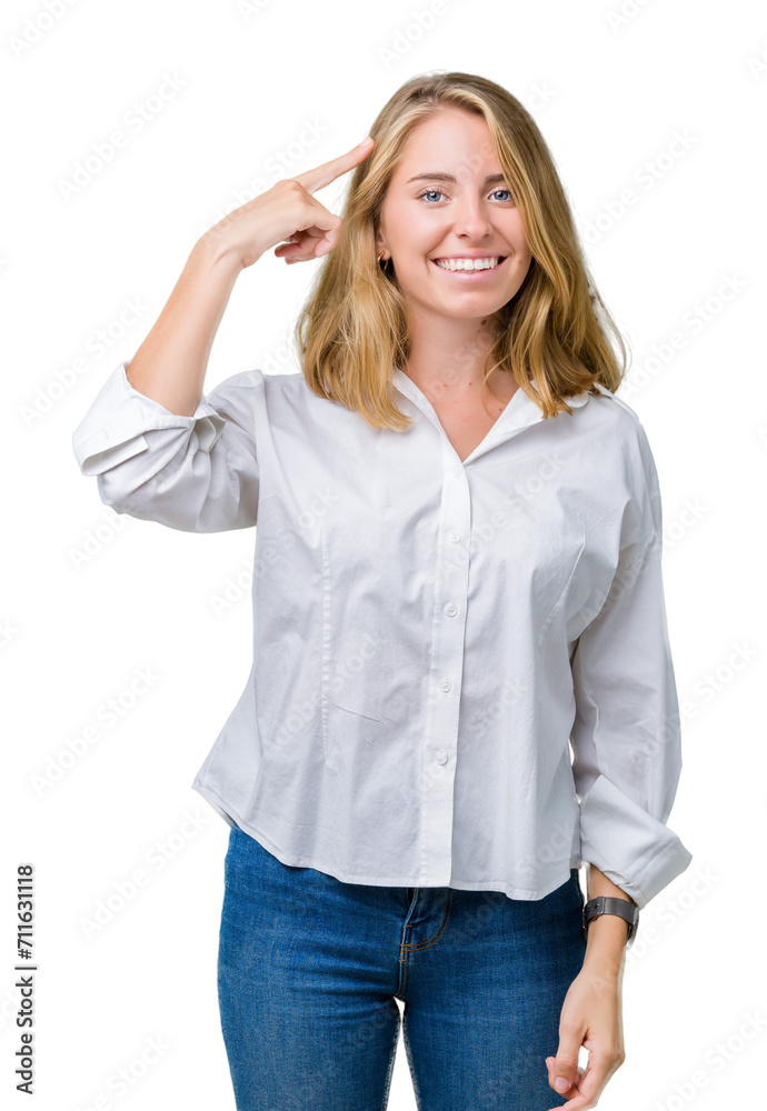 Beautiful young business woman over isolated background Smiling pointing to head with one finger, great idea or thought, good memory Beautiful young business woman over isolated background Smiling pointing to head with one finger, great idea or thought, good memory