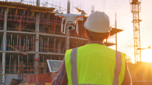 Engineer Operating Drone at Construction Site