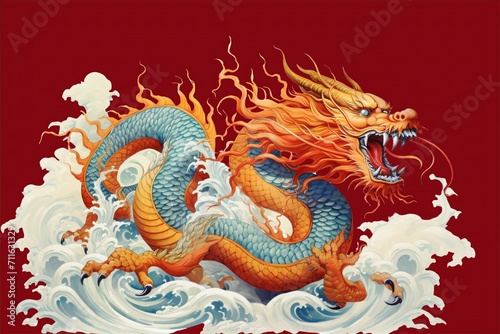 the dragon on the ocean isolated on red background