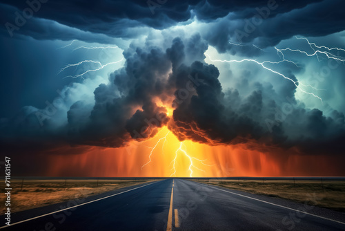 dramatic and powerful tornado. Lightning thunderstorm flash over the night sky. Concept on topic weather, cataclysms (hurricane, Typhoon, tornado, storm). Stormy Landscape