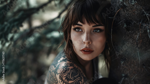 Portrait of a young tattooed woman who is looking at the camera photo