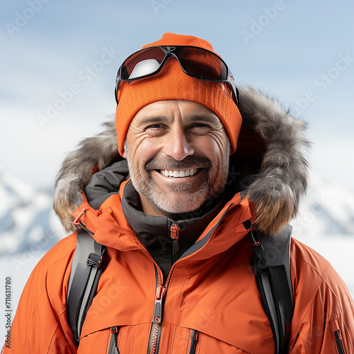 Happy man dressed in orange winter clothes isolated on background.Portrait of a man skiing on the mountain.Front view