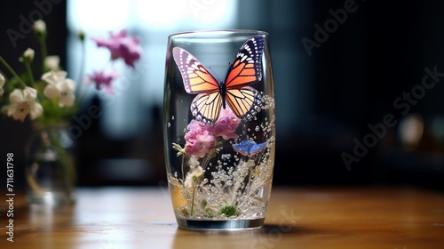 A butterfly siting on a flower inside a glass of water - Generative AI