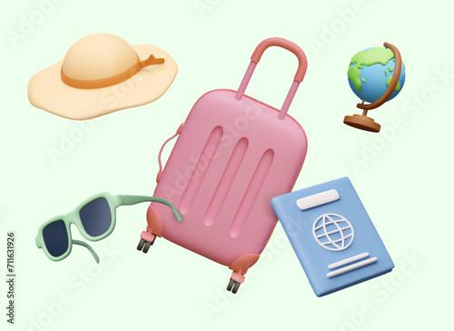 Set of vacationer accessories. 3D pink plastic suitcase, passport, globe, sunglasses, sun hat. Vector concept of floating objects. Web design in cartoon style