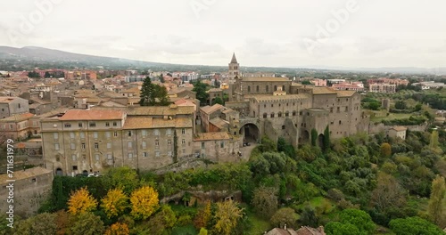 Aerial view architecture cityscape Viterbo Italy. an ancient castle in a historical city. High quality 4k footage photo