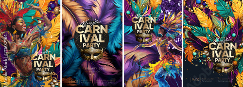 Brazilian carnival and festival! Vector illustration of mask, feathers, samba, dancing dressed up people in costumes, logo and sequins for poster, background or invitation photo