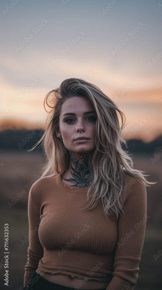 Portrait of a young tattooed woman who is looking at the camera