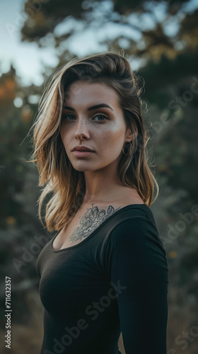 Portrait of a young tattooed woman who is looking at the camera