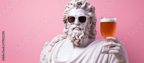 Sculpture of the god Zeus with a glass of beer on a pink background. Weekend concept. photo