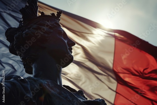 Sculpture of Marianne with the flag of France in the background. photo
