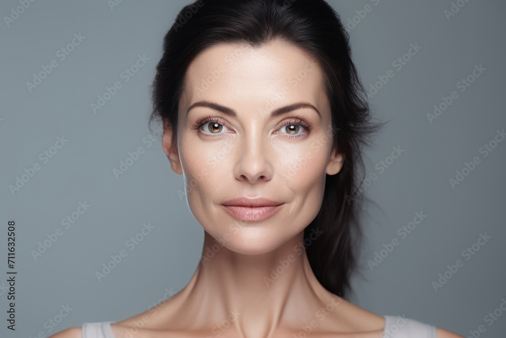 Fototapeta premium Portrait of a beautiful middle aged woman with natural makeup, isolated on a gray background.