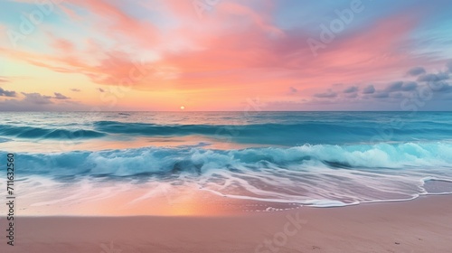A captivating beach sunset with a peaceful shoreline  presenting a space for text overlay against the horizon  invoking tranquility and beauty - Generative AI