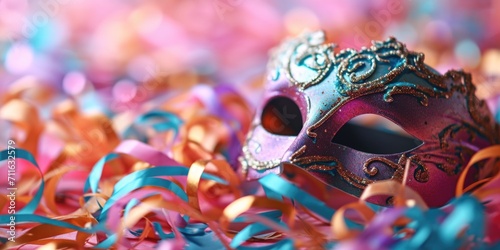 Carnival mask with confetti and ribbons on pink background photo