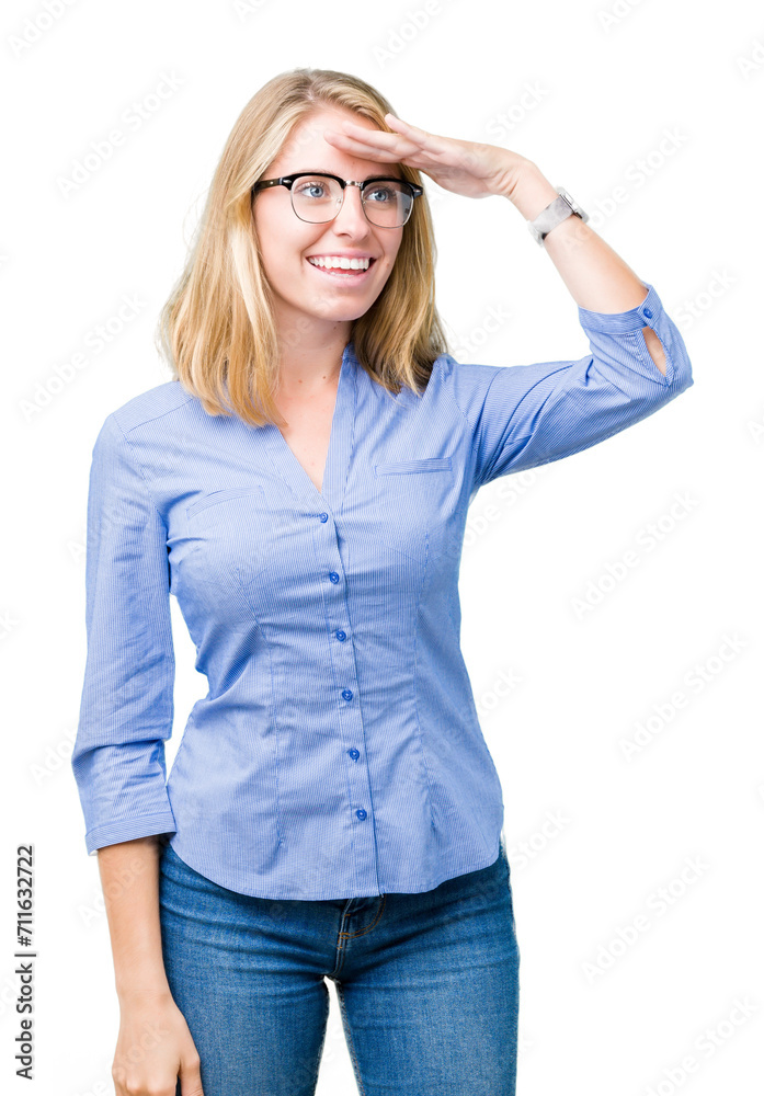 Beautiful young business woman over isolated background very happy and smiling looking far away with hand over head. Searching concept. Beautiful young business woman over isolated background very happy and smiling looking far away with hand over head. Searching concept.