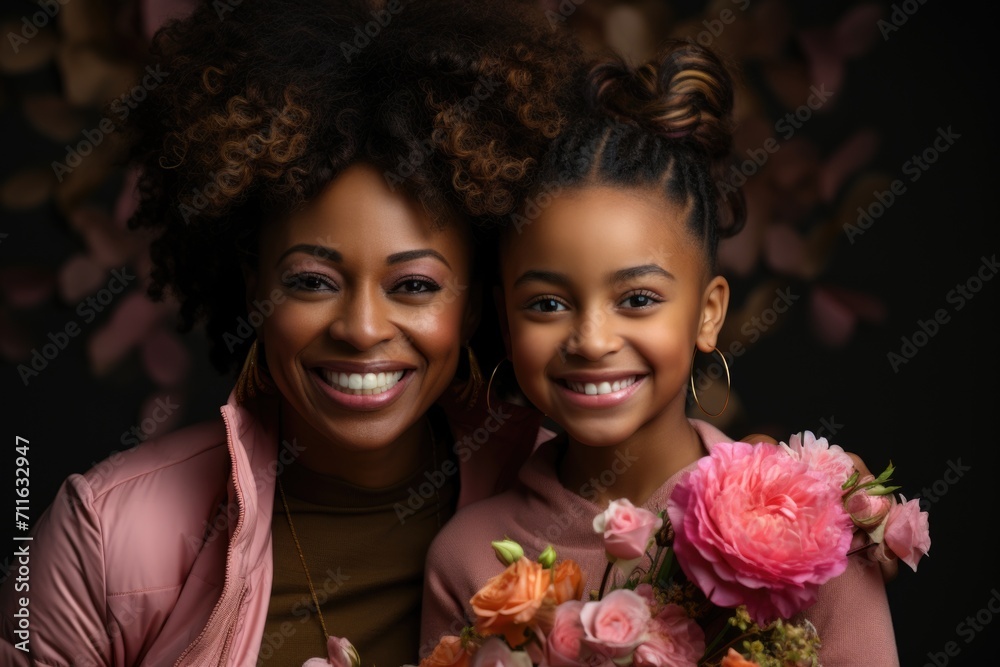 Portrait of smiling african american mother and daughter with flowers Portrait of smiling african american mother and daughter with flowers