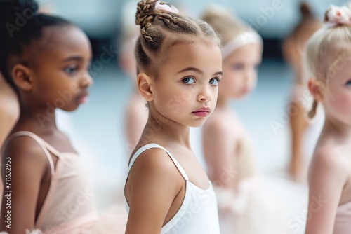 Graceful Harmony Multiethnic Young Ballerinas Flourishing in Ballet Class  Adorned in Tutu Skirts and Leotards. created with Generative AI