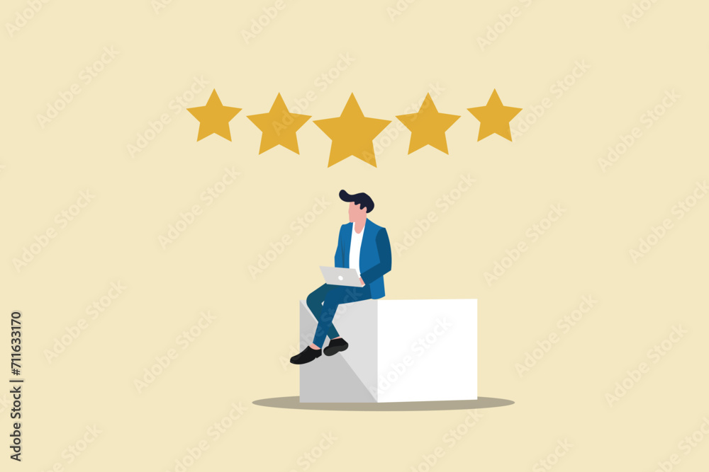 Businessman with laptop are giving review rating and feedback. concept of excellence or great service, quality, and good reputation Businessman with laptop are giving review rating and feedback. concept of excellence or great service, quality, and good reputation