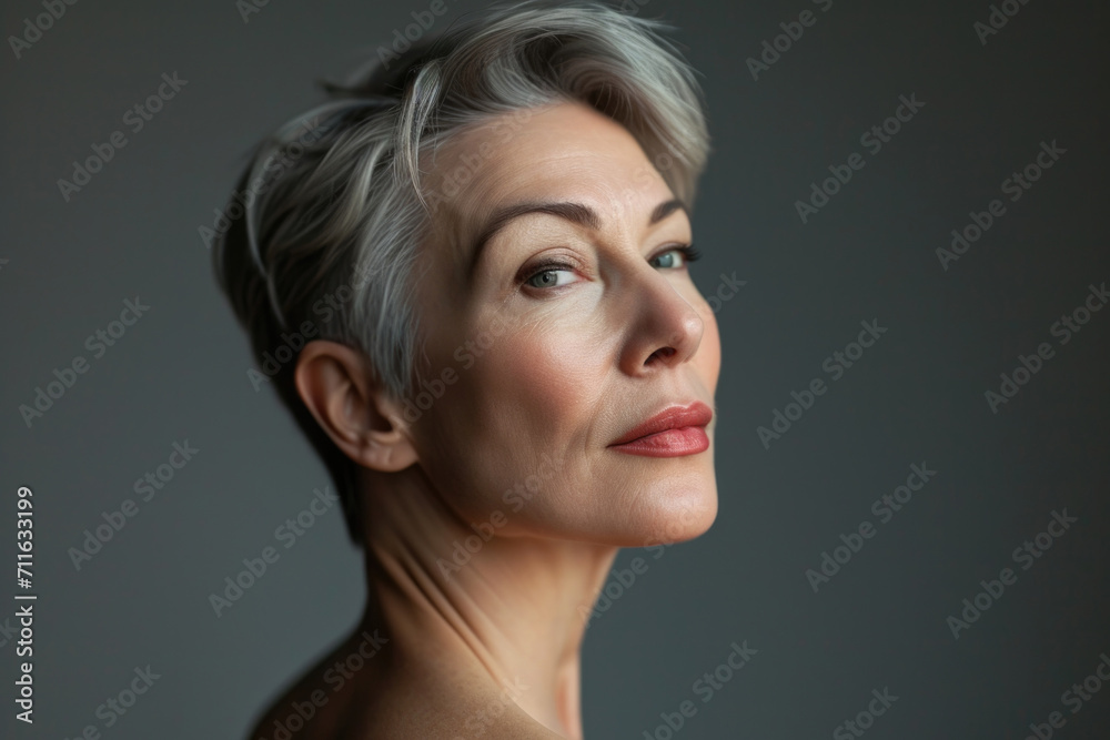 Portrait of beautiful middle-aged woman with short grey hair. Portrait of beautiful middle-aged woman with short grey hair.