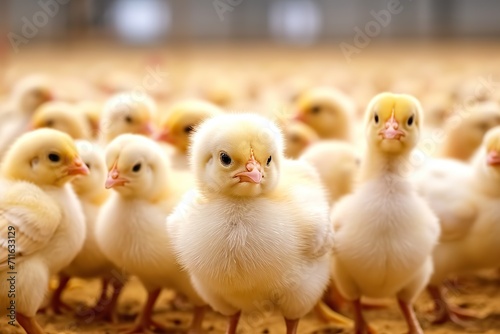 Adorable Fluffiness Young Yellow Baby Chicks Frolicking on a Poultry Farm, A Heartwarming Snapshot of Farm Life. created with Generative AI