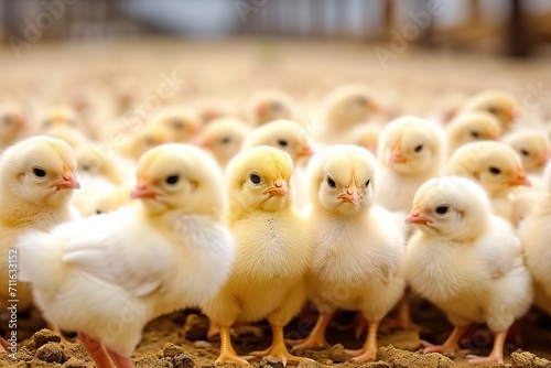 Adorable Fluffiness Young Yellow Baby Chicks Frolicking on a Poultry Farm, A Heartwarming Snapshot of Farm Life. created with Generative AI