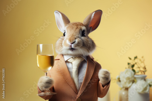 Easter bunny in costume with wine glass on yellow background. Creative concept for Easter weekend.