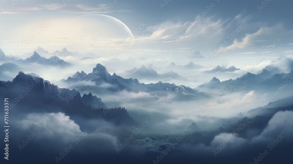 A captivating mountain range enveloped in mist and clouds, providing a scenic area for text placement amidst the majestic peaks. - Generative AI