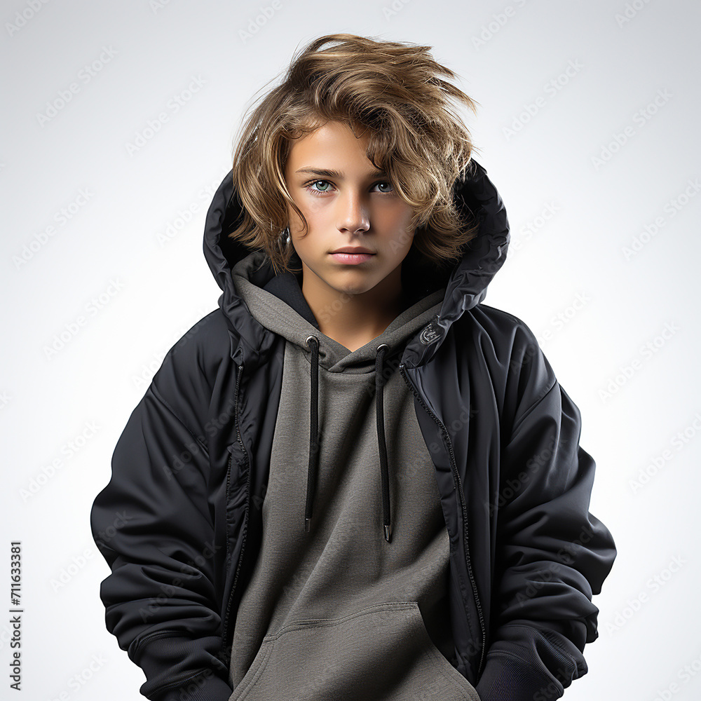 Portrait of a european preteen boy wearing a grey hoodie isolated on background.Front view