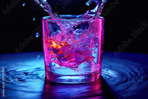 A glass of water on a dark background illuminated by neon lights, creating a vibrant and visually striking composition. Refreshing hydration concept.
