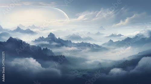 A captivating mountain range enveloped in mist and clouds  providing a scenic area for text placement amidst the majestic peaks. - Generative AI
