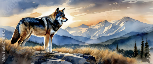A majestic wolf is looking into the distance from a rock. Illustration in watercolor style with wolf and landscape. © feelsogood