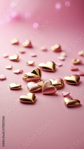Pink and Gold Hearts on a Soft Pink Backdrop for Love Themed Events and Valentine's Greetings, Soft Light, Close-Up