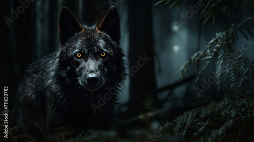 A black wolf in the forest at night